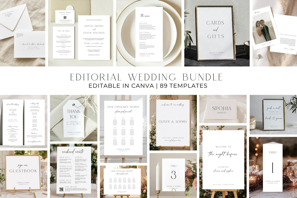Minimalist editorial wedding sign bundle template set featuring welcome signs, seating charts, menus, table numbers, and modern neutral wedding stationery editable in Canva