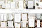 Minimalist editorial wedding sign bundle template set featuring welcome signs, seating charts, menus, table numbers, and modern neutral wedding stationery editable in Canva