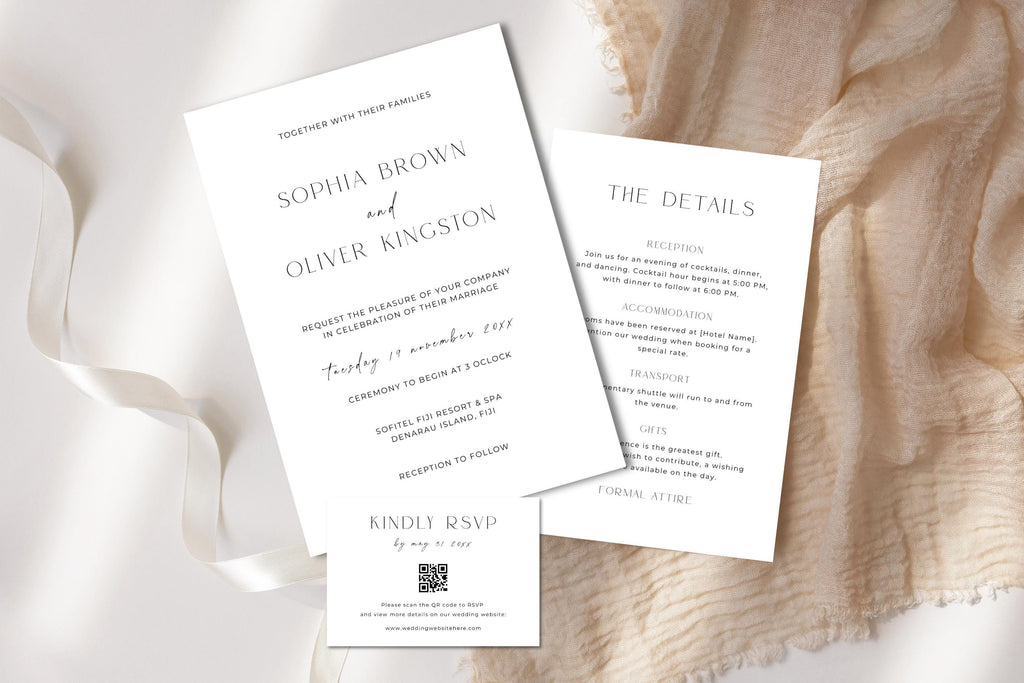 Luxury minimalist wedding invitation suite mockup with soft fabric styling, editable Canva wedding invite template, modern neutral wedding stationery set, printable RSVP and details card bundle