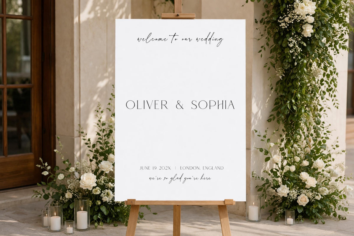 Minimalist wedding welcome sign template with elegant serif fonts, modern wedding entrance sign editable in Canva, luxury neutral wedding decor