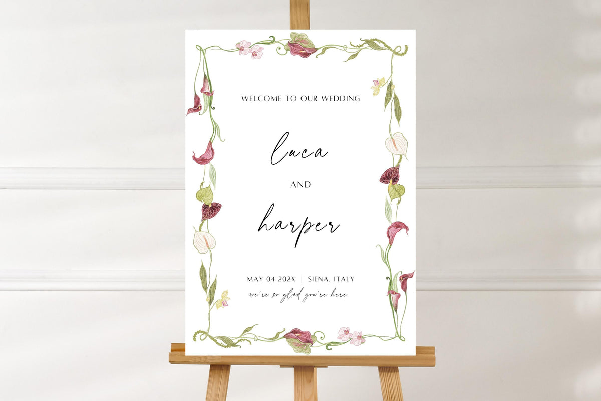 Romantic burgundy floral wedding welcome sign on wooden easel, editable Canva wedding sign template with orchid botanical border and elegant script names
