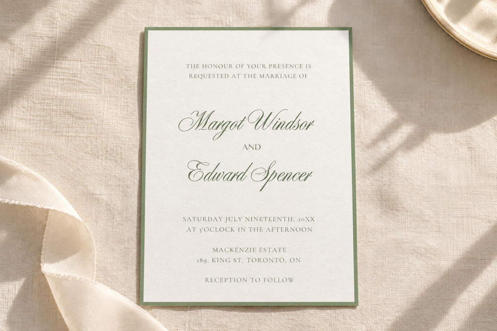Elegant white wedding invitation with sage green border and romantic script names, displayed on ivory linen in natural sunlight. Classic minimalist wedding stationery for an old money wedding theme.