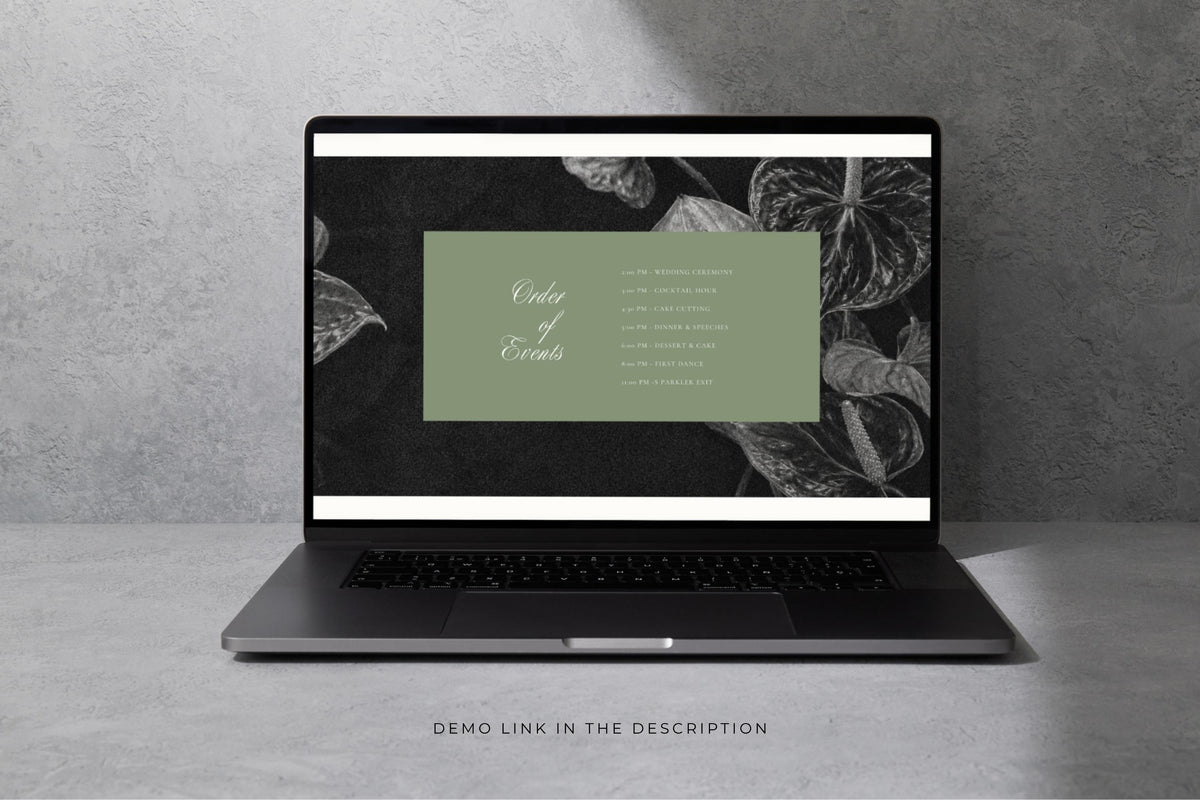 Elegant botanical wedding website template displayed on a black laptop, featuring a sage green panel, romantic script names and monochrome floral artwork.
