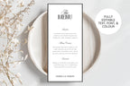 Soft neutral tablescape featuring tall old money wedding menu card, editable Canva wedding menu template, printable minimal black and white 4x9 menu for elegant formal weddings.