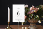 Moody luxe wedding table number sign printable, table 6 elegant serif design, candlelit wedding reception decor, modern minimalist table numbers Canva template