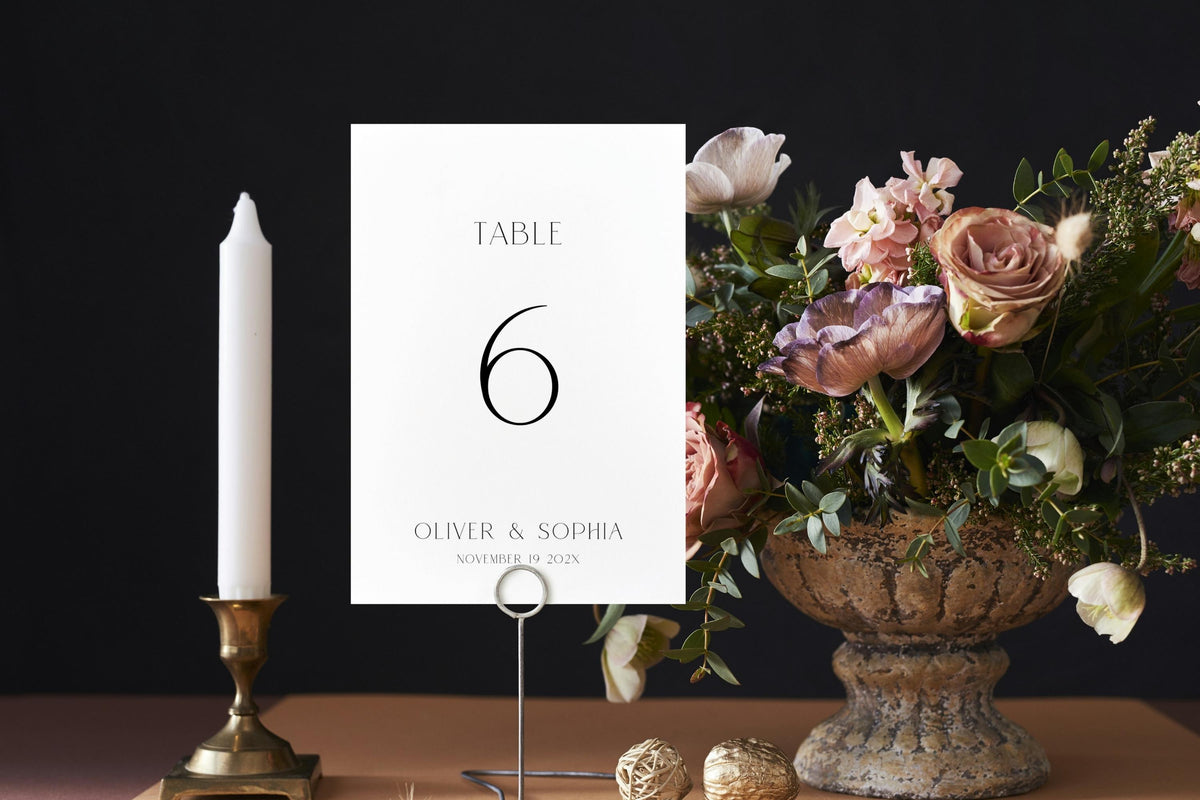 Moody luxe wedding table number sign printable, table 6 elegant serif design, candlelit wedding reception decor, modern minimalist table numbers Canva template