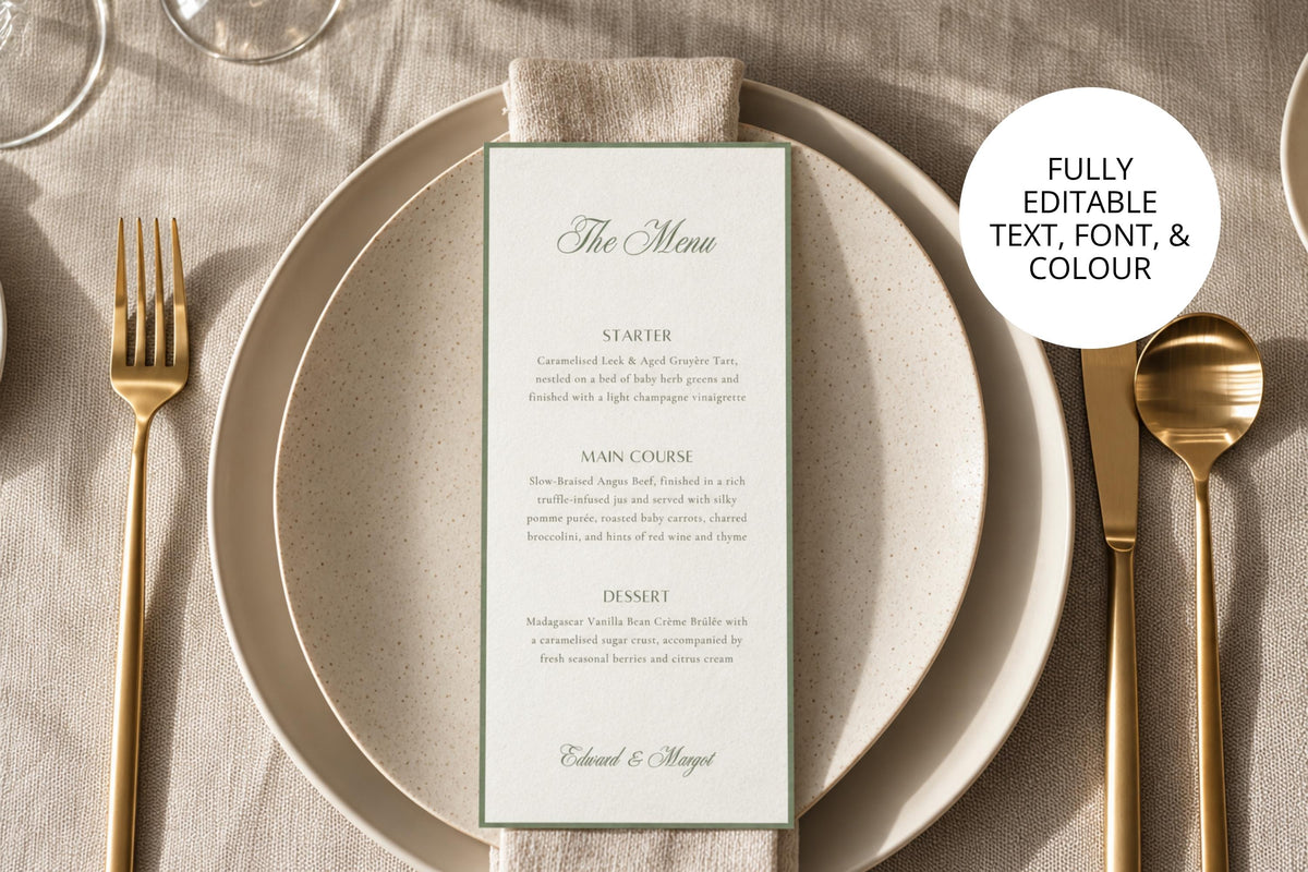 Personalised sage green wedding menu template on neutral ceramic plates with gold cutlery and beige linen, featuring elegant script typography and fully editable text, fonts and colours for custom wedding table stationery.
