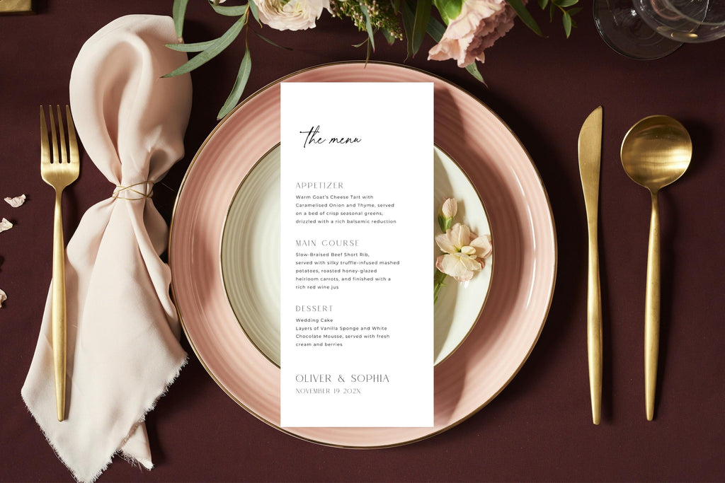 luxury wedding menu template burgundy table setting, blush plates and gold cutlery, modern minimalist menu card editable in canva, elegant wedding place setting menu design