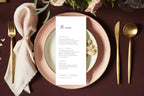 luxury wedding menu template burgundy table setting, blush plates and gold cutlery, modern minimalist menu card editable in canva, elegant wedding place setting menu design