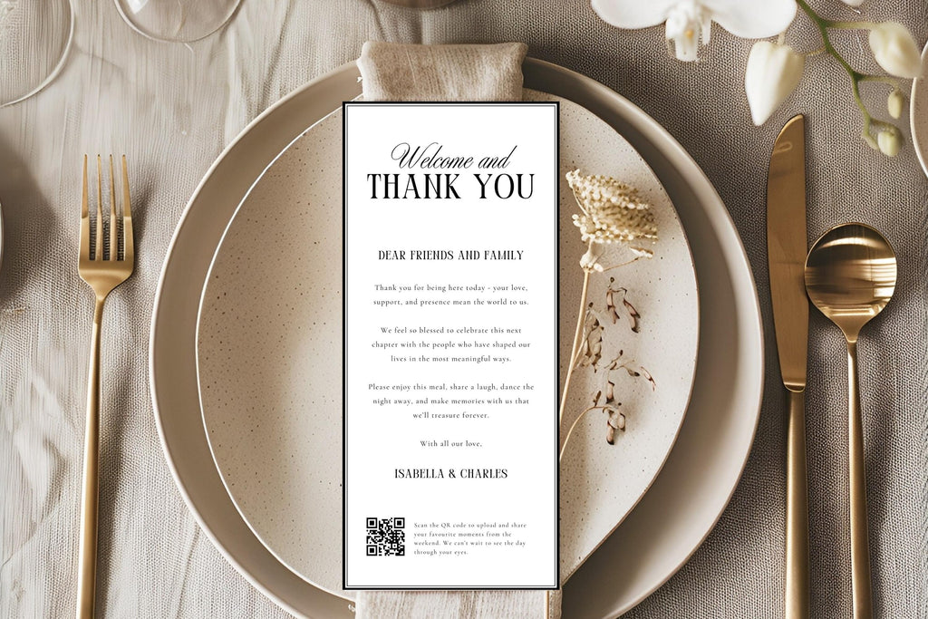 Luxury wedding thank you letter template on neutral beige wedding tablescape, editable Canva wedding guest thank you note, printable minimalist wedding reception stationery, modern wedding welcome letter template