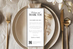 Luxury wedding thank you letter template on neutral beige wedding tablescape, editable Canva wedding guest thank you note, printable minimalist wedding reception stationery, modern wedding welcome letter template