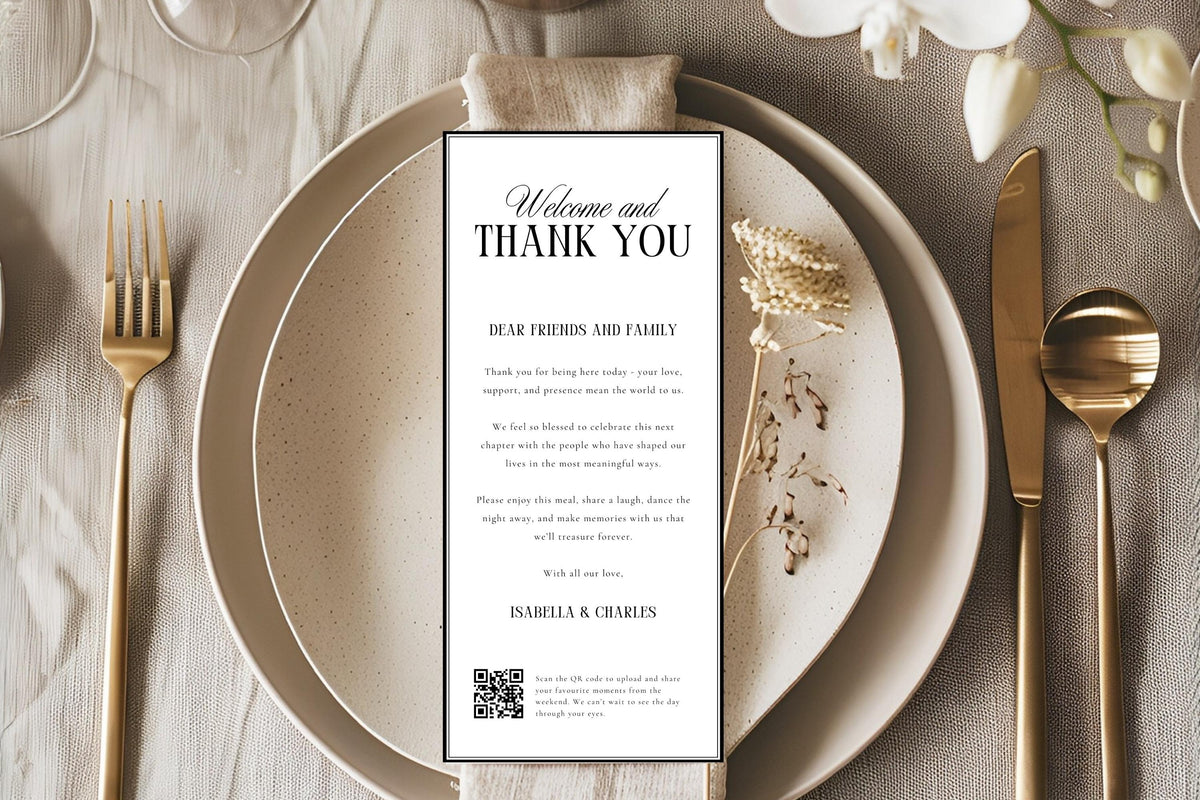 Luxury wedding thank you letter template on neutral beige wedding tablescape, editable Canva wedding guest thank you note, printable minimalist wedding reception stationery, modern wedding welcome letter template