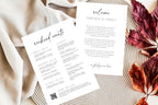 Wedding itinerary and welcome cards styled with autumn tones, editable Canva wedding weekend timeline template, minimalist wedding stationery printable bundle