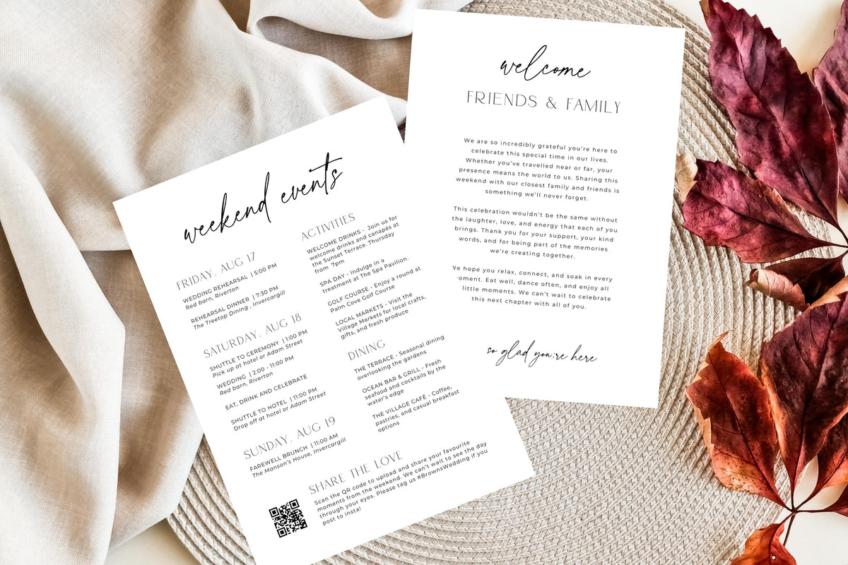 Wedding itinerary and welcome cards styled with autumn tones, editable Canva wedding weekend timeline template, minimalist wedding stationery printable bundle
