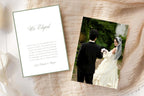 Matching elopement announcement cards showing the sage bordered message card alongside a wedding photo card, styled on soft ivory fabric.
