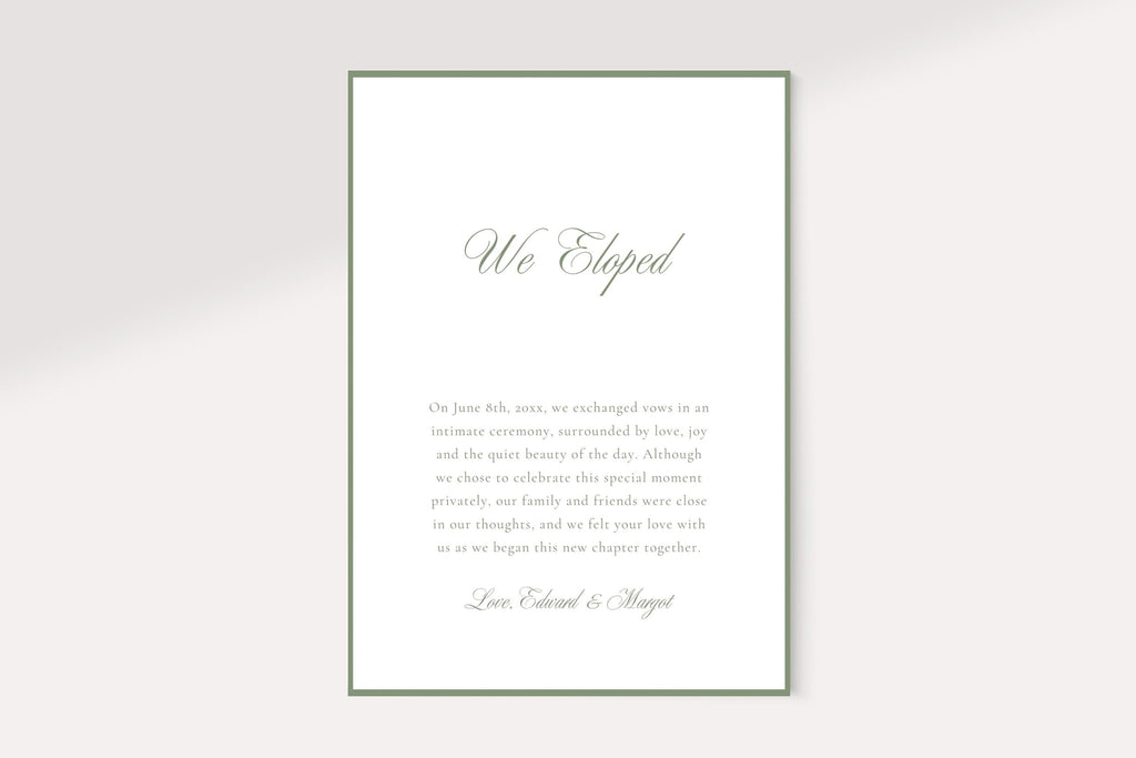 Printable “We Eloped” wedding announcement card front with elegant script typography, a sage green border and space for a personal announcement.