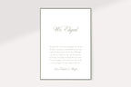 Printable “We Eloped” wedding announcement card front with elegant script typography, a sage green border and space for a personal announcement.