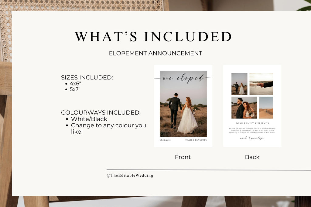 What’s included Canva elopement template listing image, printable we eloped announcement card, editable text and photo layout, digital download wedding stationery