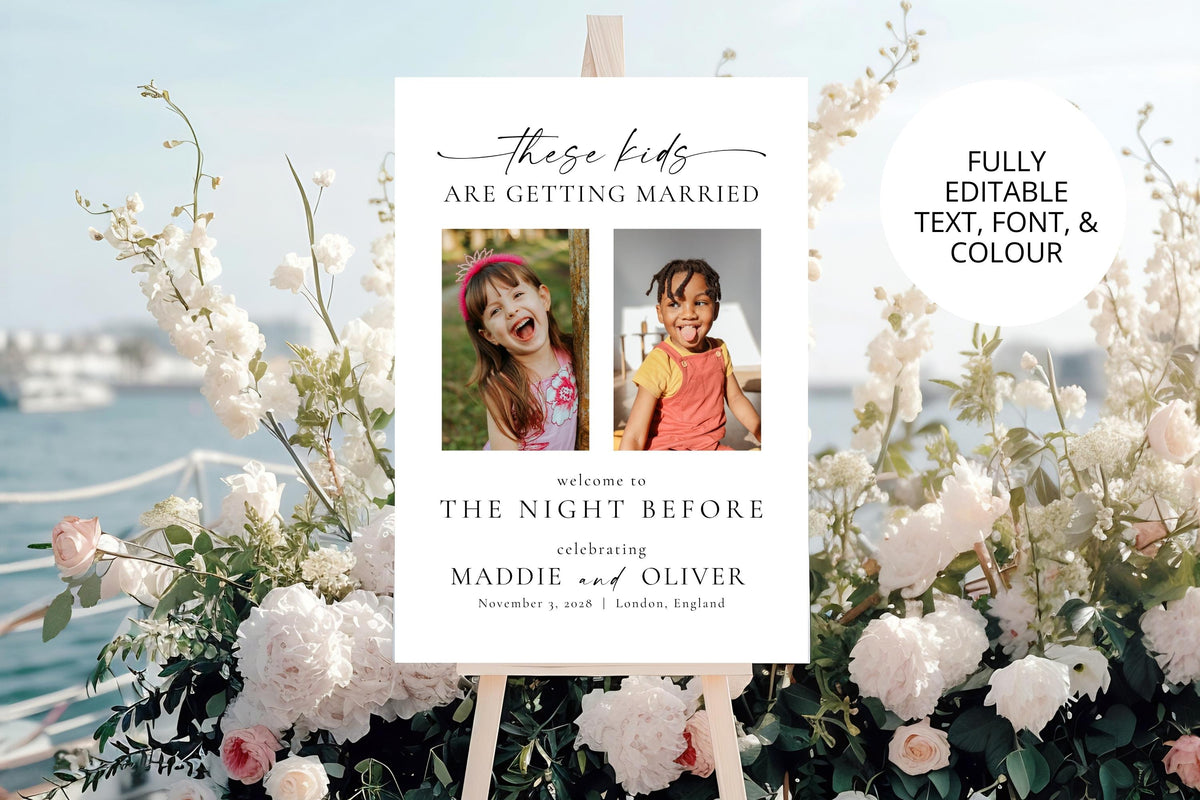 Editable Canva wedding welcome sign with couple photos by the ocean, These Kids Are Getting Married sign template, printable rehearsal dinner or engagement party decor