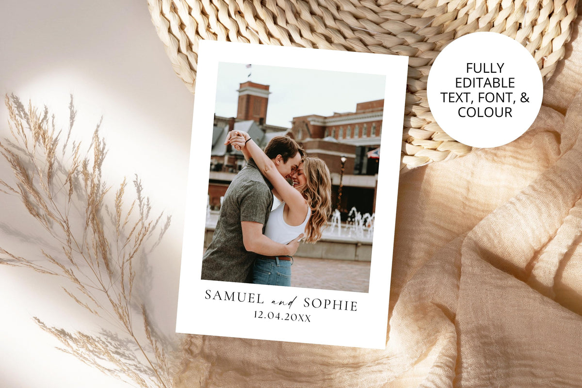 Fully editable save the date photo postcard template with clean font and soft neutral colors, designed for Canva wedding templates and printable stationery.