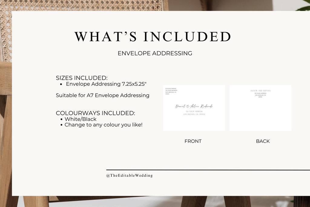 Wedding envelope addressing template details sheet showing sizes and inclusions, minimalist Canva editable wedding stationery listing, printable envelope addressing template information page