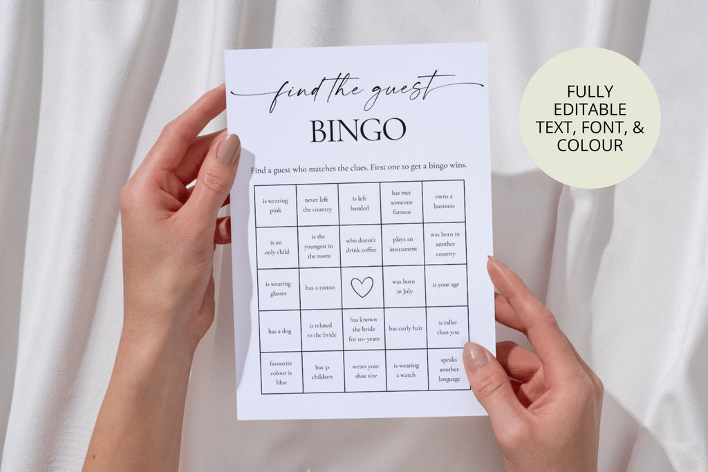 Find the Guest bridal shower bingo game – modern minimalist printable wedding shower activity for guests, editable Canva template, instant download bridal game.