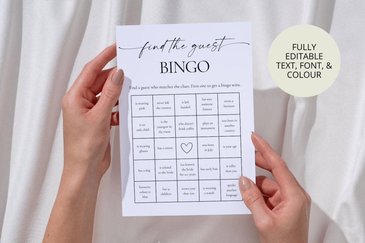 Find the Guest bridal shower bingo game – modern minimalist printable wedding shower activity for guests, editable Canva template, instant download bridal game.