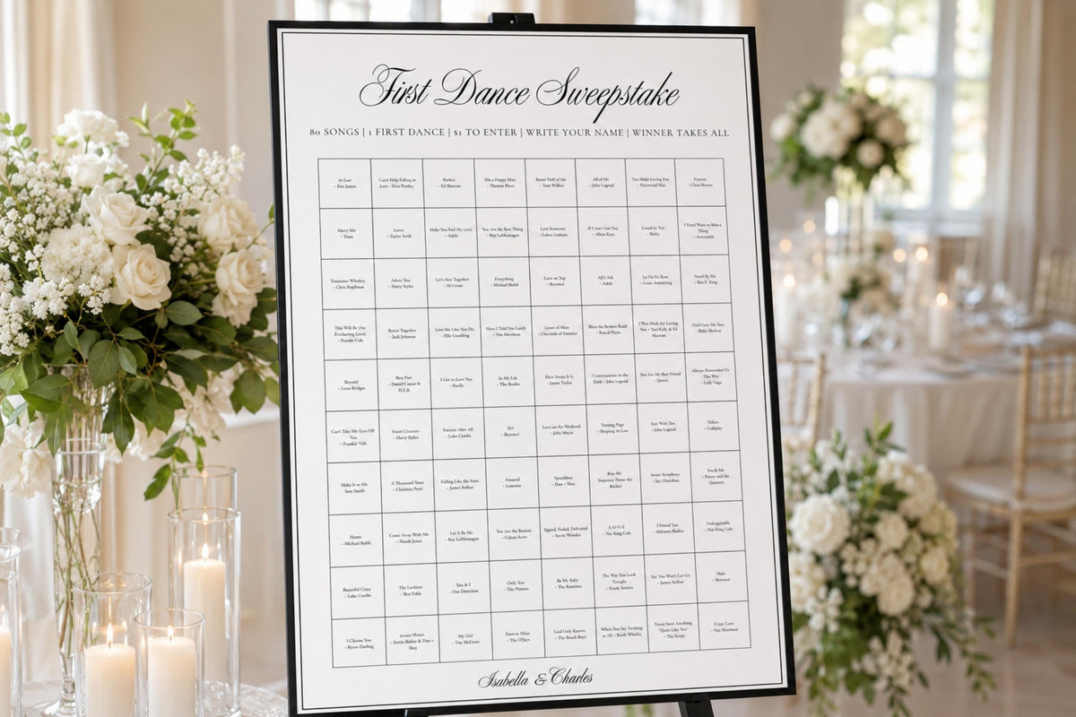 First Dance Sweepstake wedding game sign displayed at elegant wedding reception with white floral arrangements, A1 printable first dance song guessing game, editable Canva wedding reception activity sign
