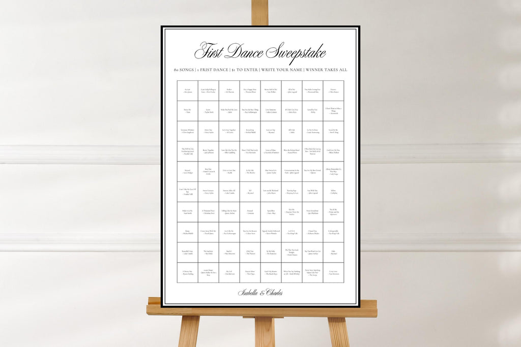 Minimalist first dance sweepstake wedding sign on wooden easel, editable Canva wedding reception printable, black and white first dance prediction game, instant download