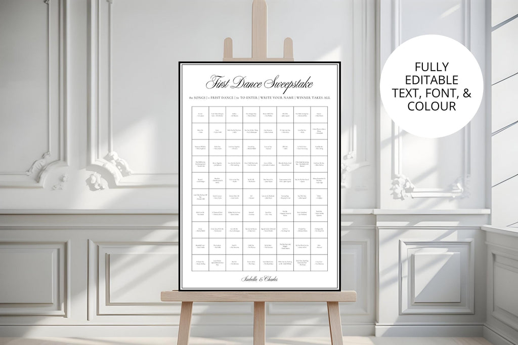 Modern black and white first dance sweepstake printable sign mockup in luxury wedding venue, editable Canva wedding reception game, A1 first dance song sweepstake template
