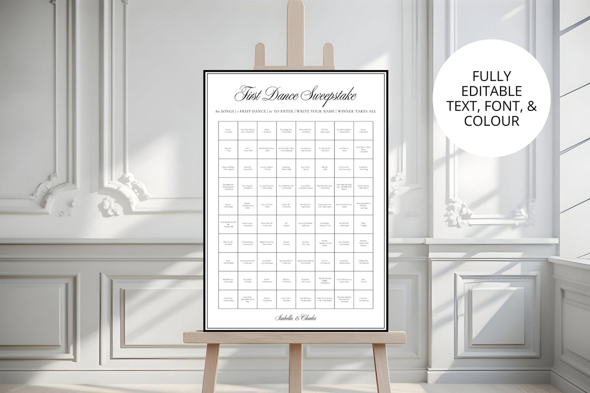 Modern black and white first dance sweepstake printable sign mockup in luxury wedding venue, editable Canva wedding reception game, A1 first dance song sweepstake template