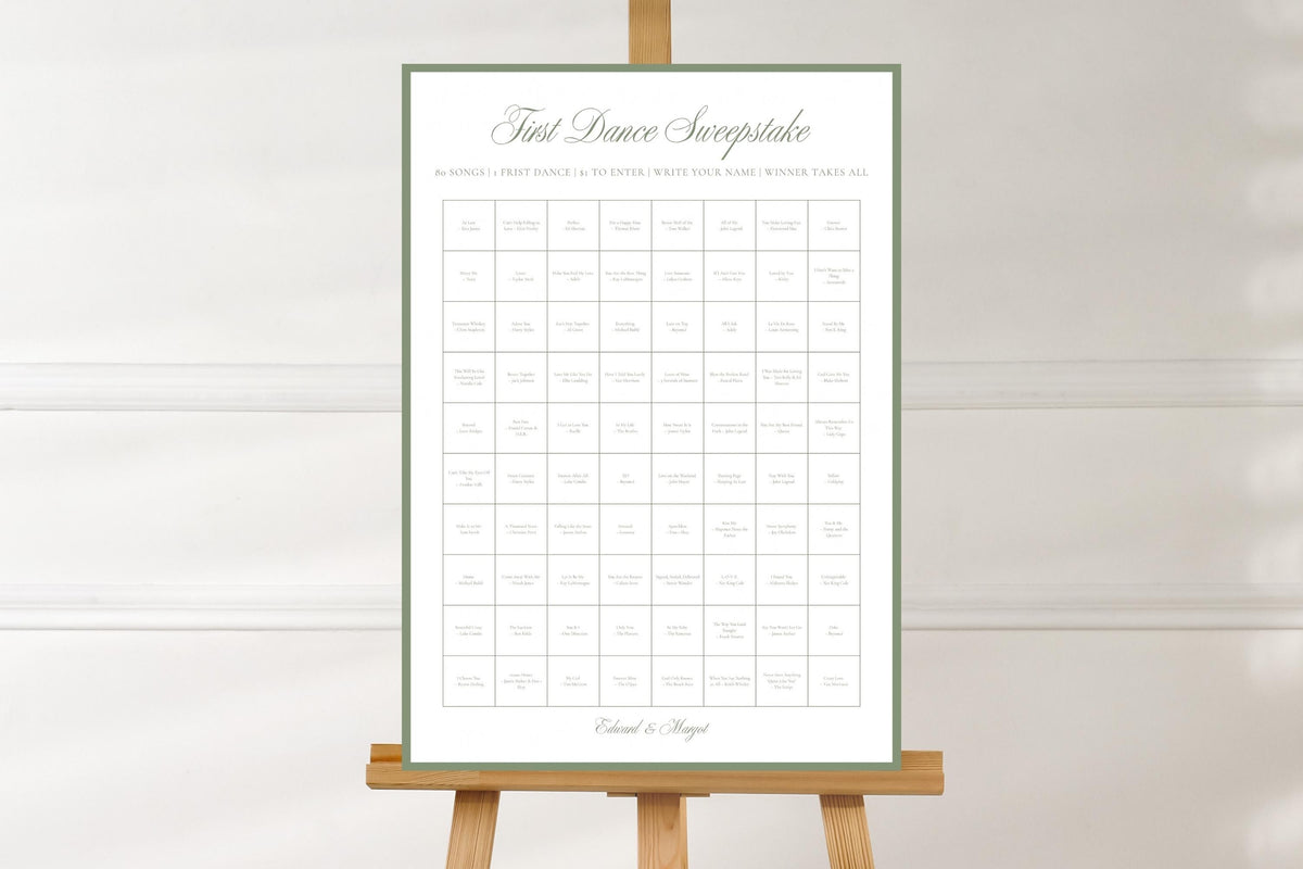 Minimalist sage green First Dance Sweepstake sign template shown on an easel against a soft neutral background, ready to display at a wedding reception.