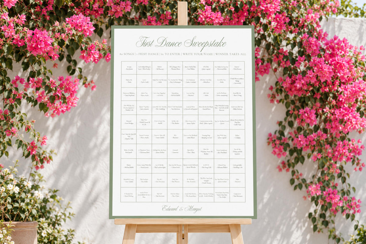 Sage green First Dance Sweepstake wedding sign template on an easel beneath bright pink bougainvillea, styled for a colourful garden wedding.