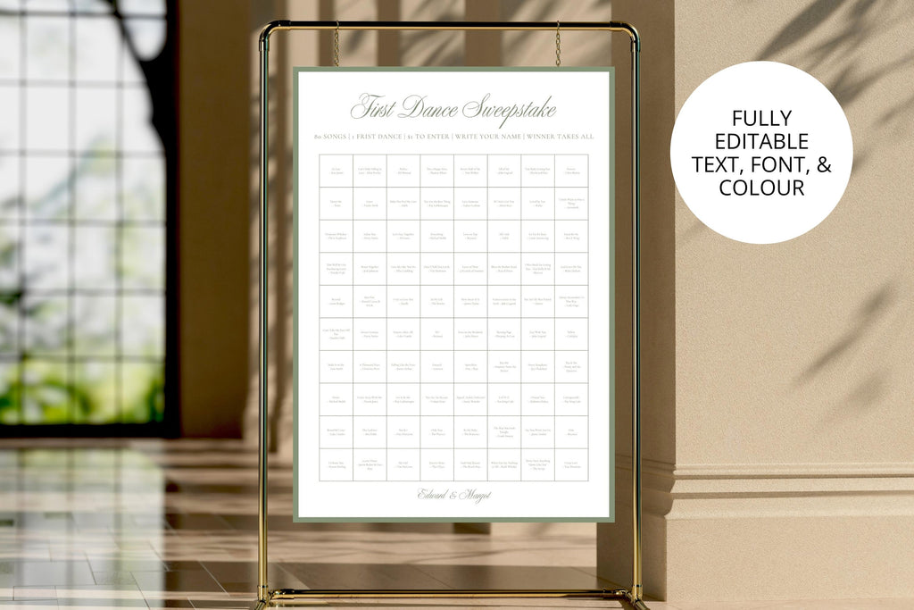 Editable First Dance Sweepstake wedding sign template displayed beside a gold-framed mirror, with a callout noting that the text, font and colour can be changed.