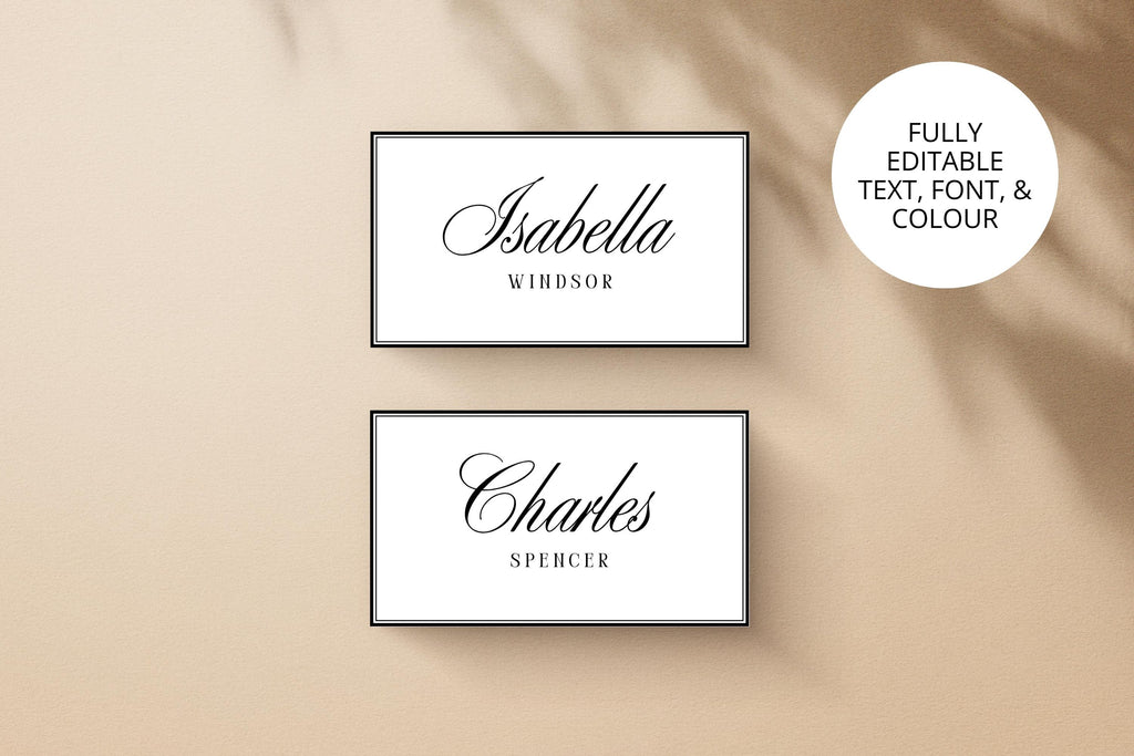Editable wedding place cards shown flat and folded, modern black and white name card template with script and serif fonts, Canva customizable stationery.