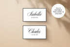 Editable wedding place cards shown flat and folded, modern black and white name card template with script and serif fonts, Canva customizable stationery.