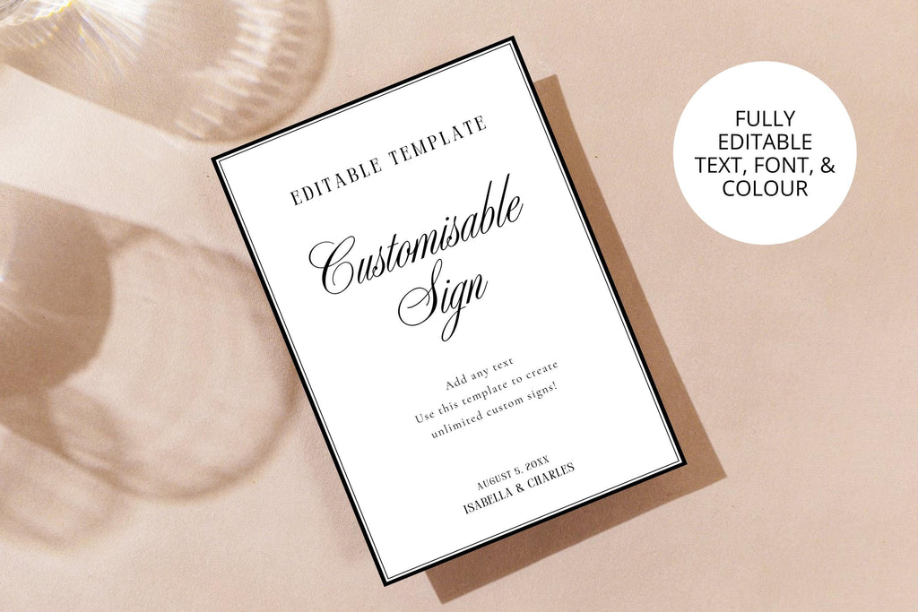 Flat lay editable wedding sign Canva template with printable sizes, customizable wedding welcome sign, editable wedding signage template, instant digital download