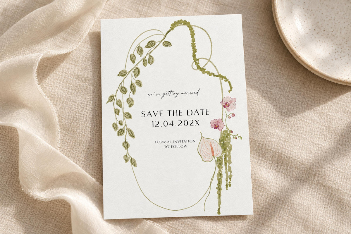 Elegant floral save the date card template with delicate green botanical border and pink flowers, editable Canva wedding announcement invitation