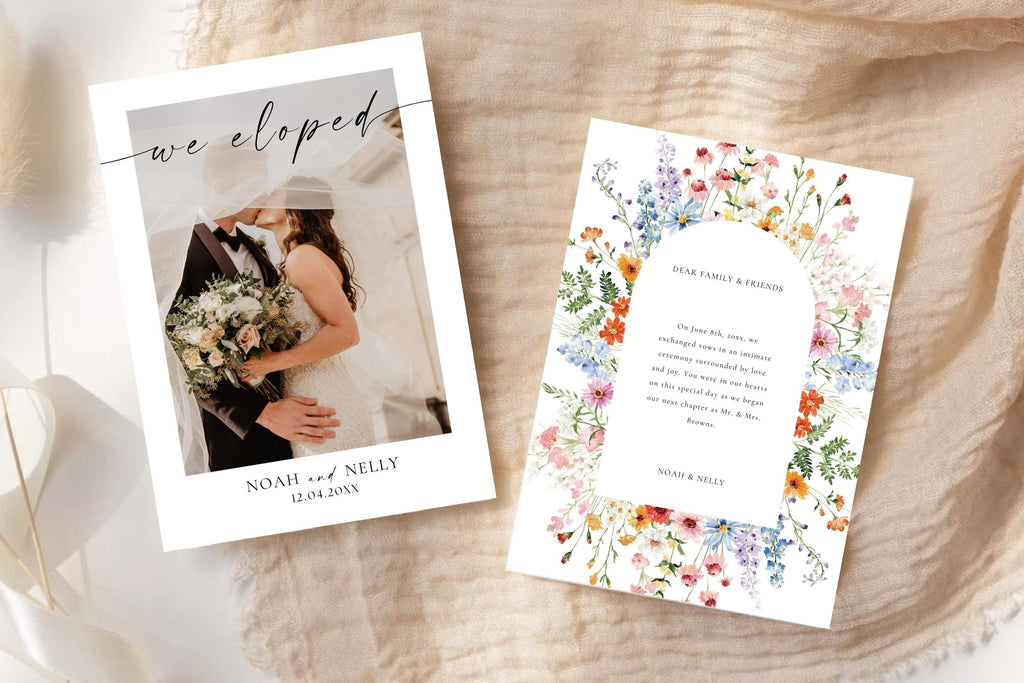 Editable floral wedding announcement template with photo, wildflower we eloped card Canva template, printable newlywed announcement, botanical wedding stationery, romantic wedding keepsake card, digital download