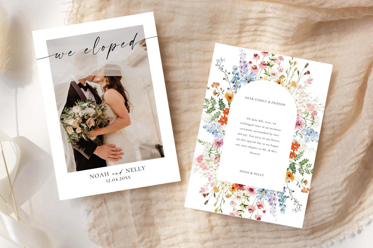 Editable floral wedding announcement template with photo, wildflower we eloped card Canva template, printable newlywed announcement, botanical wedding stationery, romantic wedding keepsake card, digital download