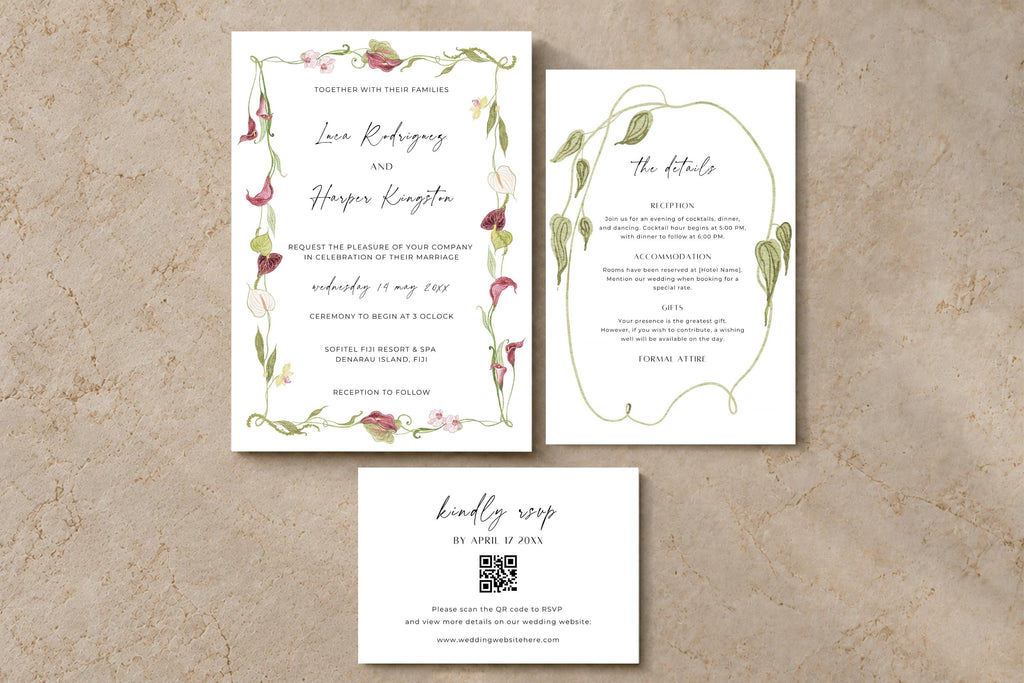 Pink and green floral wedding invitation template suite on beige stone, featuring a botanical border invitation, matching details card and QR code RSVP card for a romantic garden wedding.