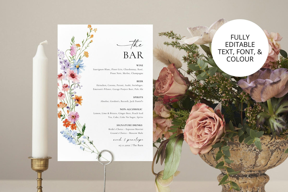 Editable wildflower bar menu template in modern minimalist style, printable wedding drink sign with watercolor florals, DIY reception bar decoration