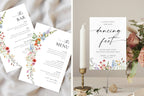 Floral wildflower wedding signs bundle examples, editable Canva bar menu, dancing feet sign, printable reception signage templates