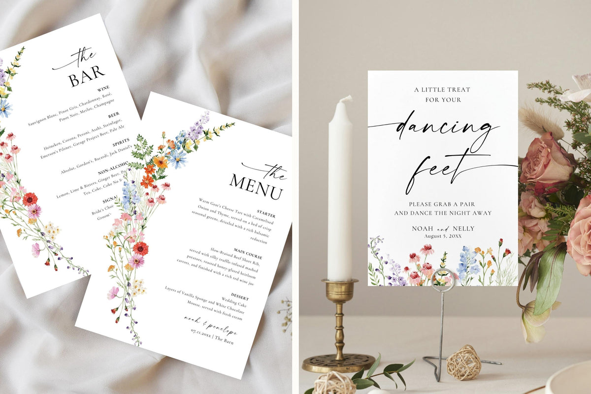 Floral wildflower wedding signs bundle examples, editable Canva bar menu, dancing feet sign, printable reception signage templates
