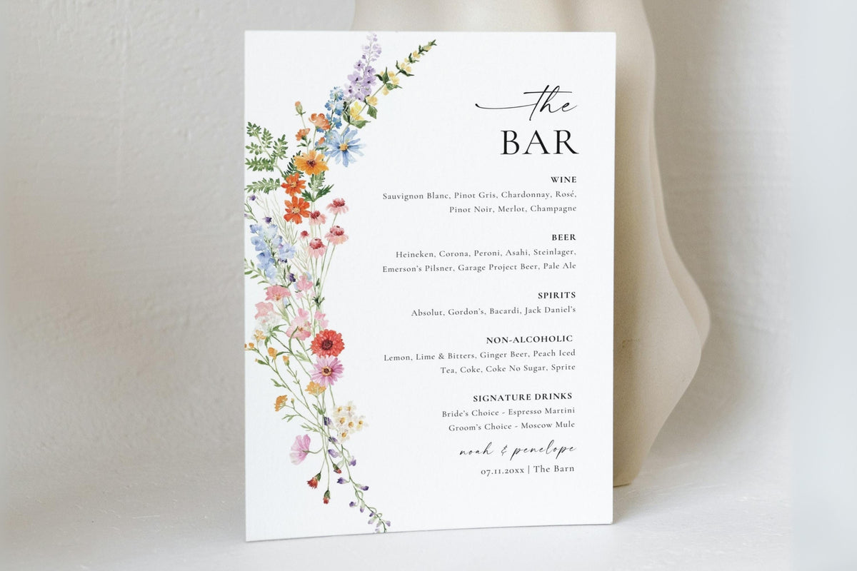 Editable wedding bar menu sign template, printable floral signature drinks sign, botanical wedding bar menu, Canva wedding signage instant download