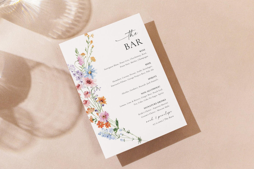 Flat lay wedding bar menu sign with watercolor wildflowers, minimalist modern bar menu template, printable wedding drink sign for reception décor.