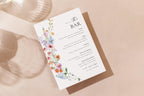 Flat lay wedding bar menu sign with watercolor wildflowers, minimalist modern bar menu template, printable wedding drink sign for reception décor.