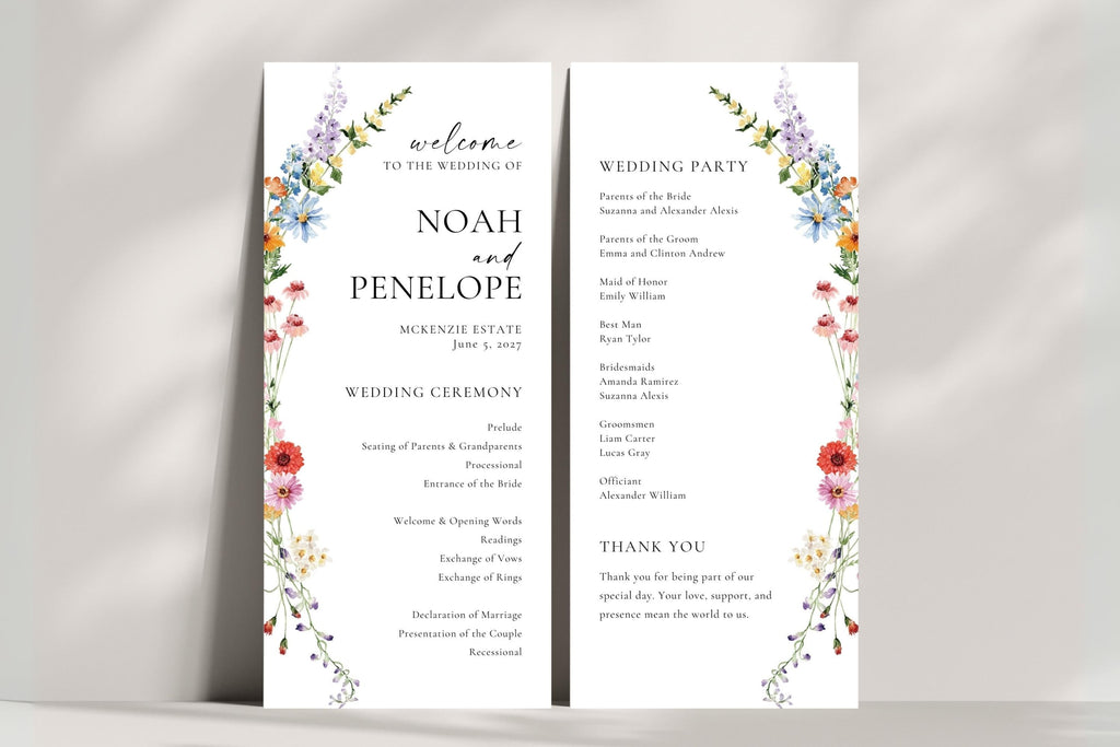 Editable wildflower wedding program and order of service template with floral border, Canva printable wedding stationery design