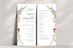 Editable wildflower wedding program and order of service template with floral border, Canva printable wedding stationery design