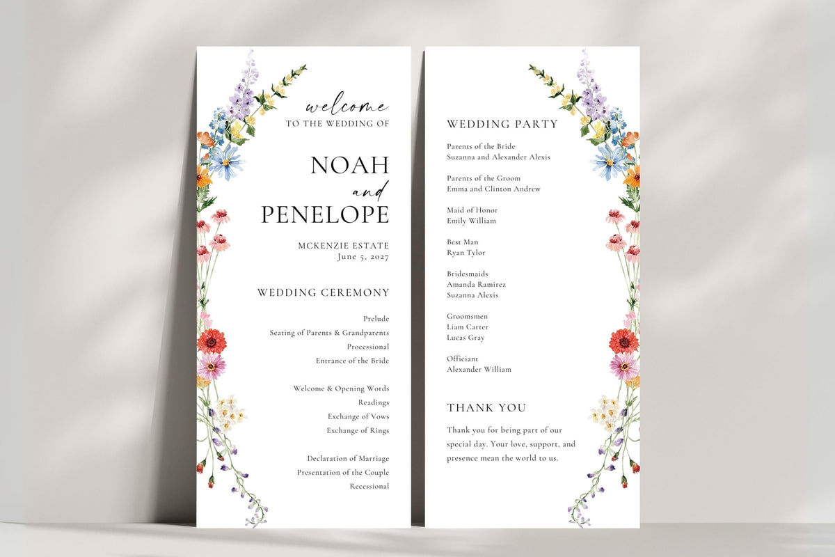Editable wildflower wedding program and order of service template with floral border, Canva printable wedding stationery design